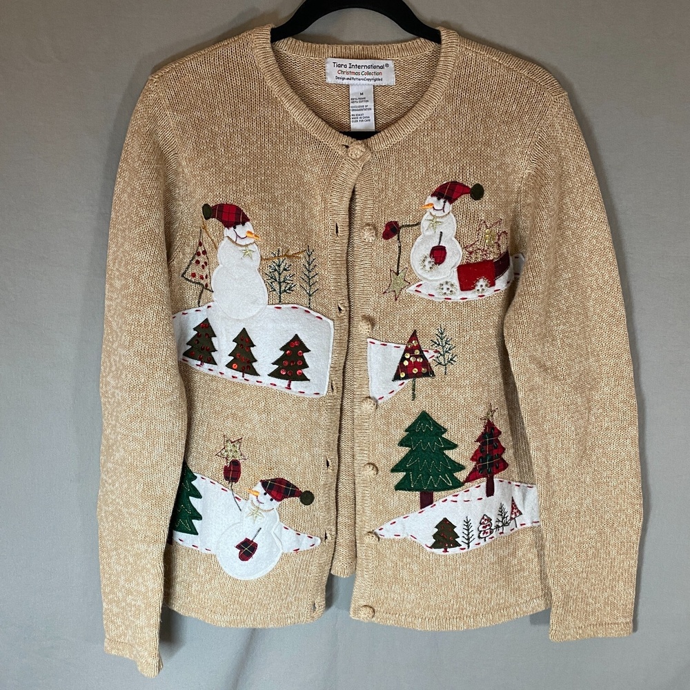 Womens Medium‎ Tiara International Christmas Sweater Collection Snowman Cardigan